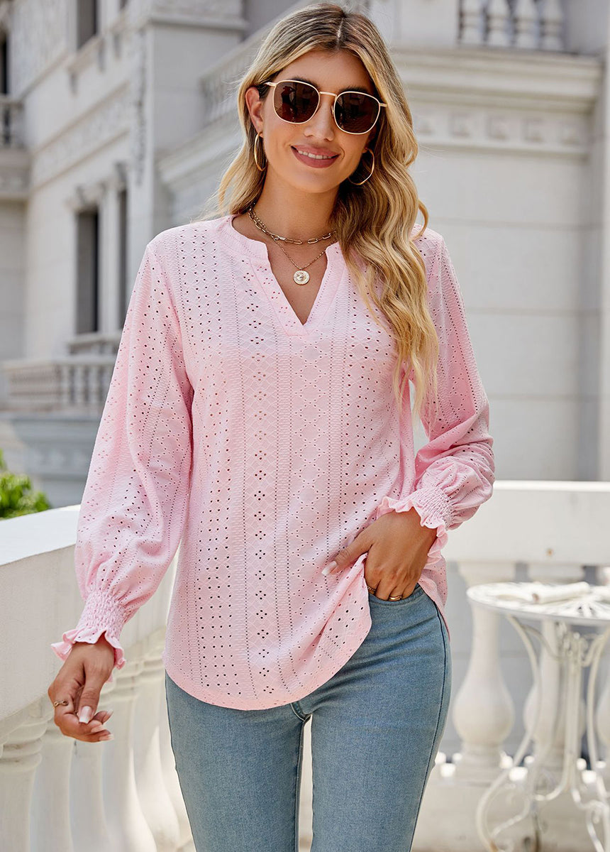 Solid Color Hollow Pleated Ruffle Sleeve V-Neck Loose Long Sleeve Top