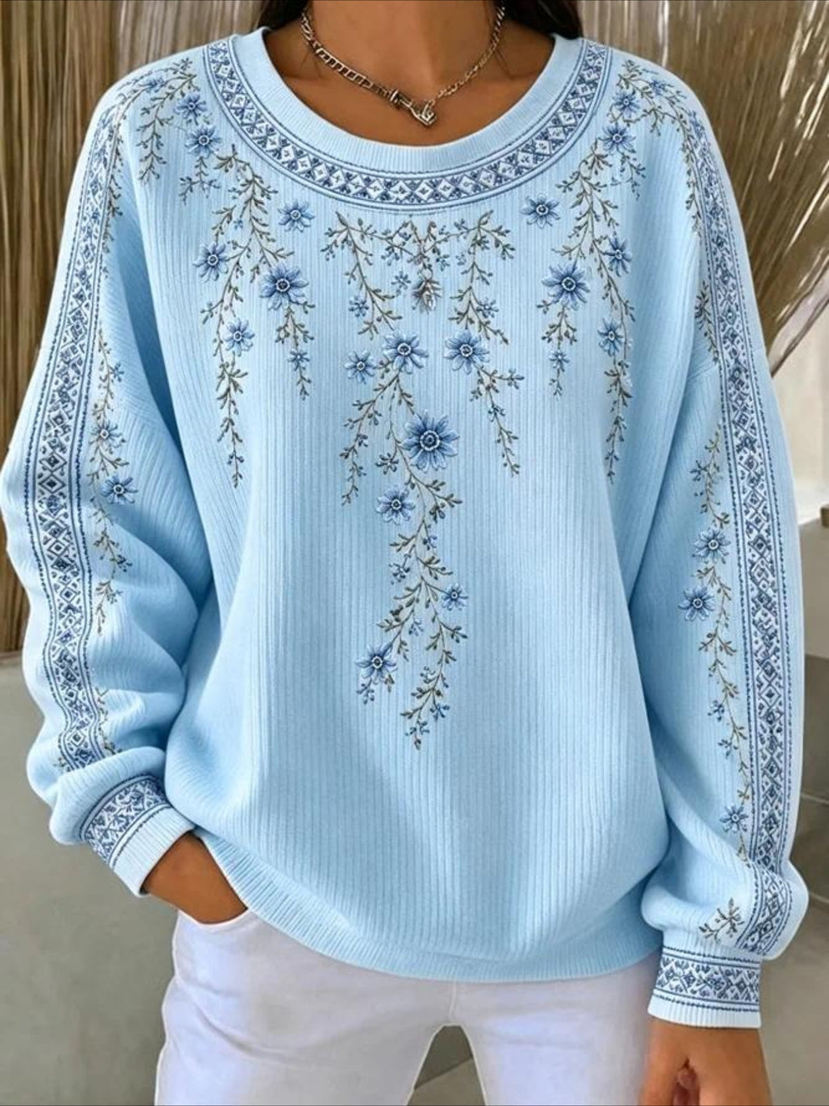 Floral Casual Printing Loose Leaf Crew Neck Regular Fit Sweatshirt