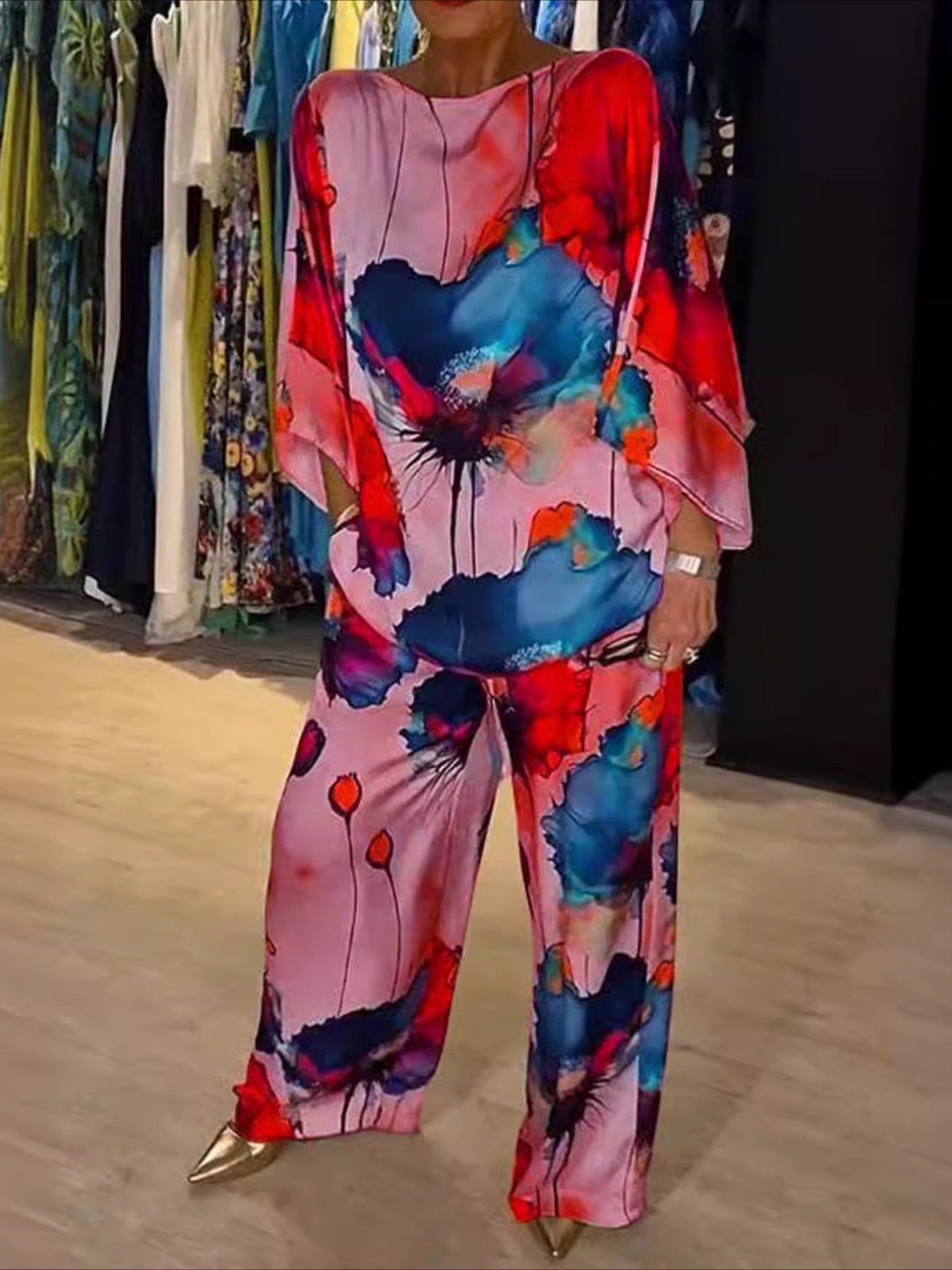 2 Pieces 3/4 Length Sleeve Crew Neck Floral Print Casual Pants Sets