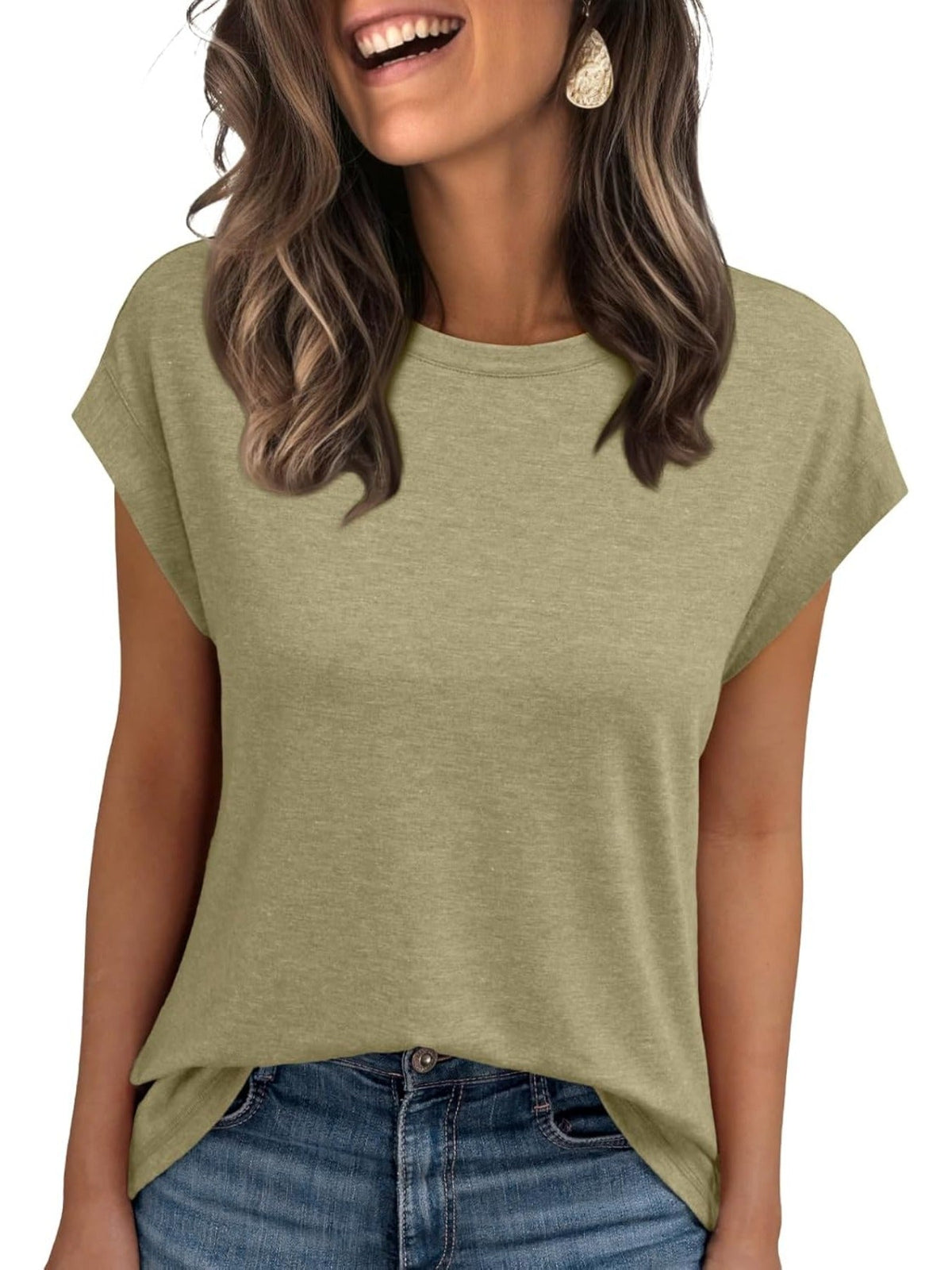 Solid Color Round Neck Cap Sleeve T Shirts