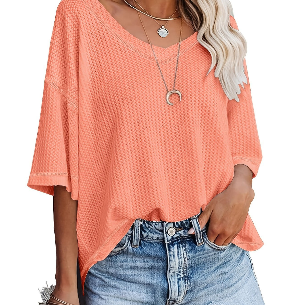 Solid Elegant V Neck T-Shirt, Drop Shoulder Casual Top