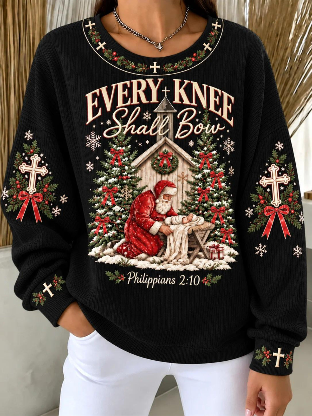 Santa Claus Casual Printing Loose Crew Neck Regular Fit Sweatshirt