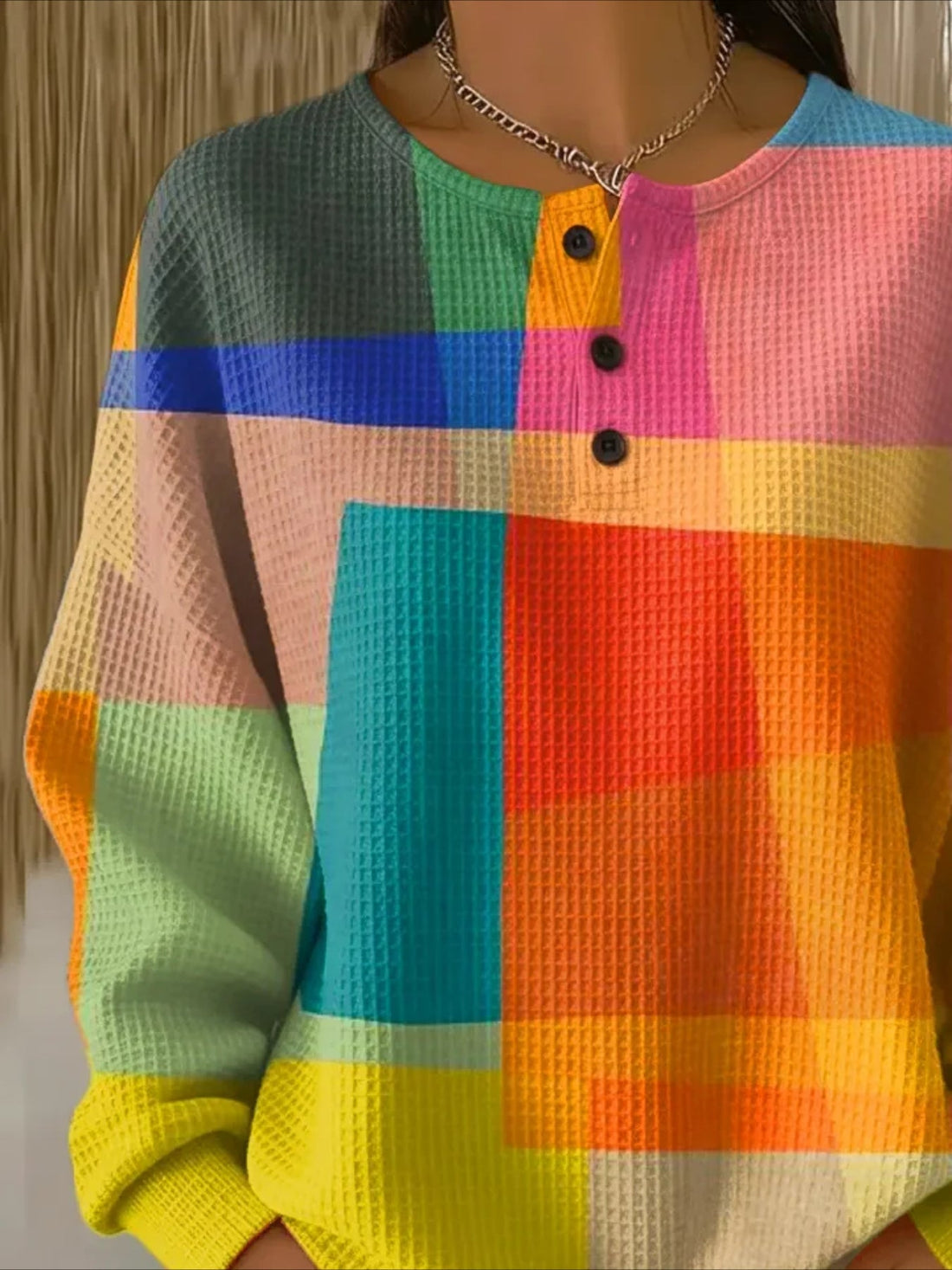 Colorful Ribbed V Neck Braided Print Long Sleeve Regular Sweatshirt