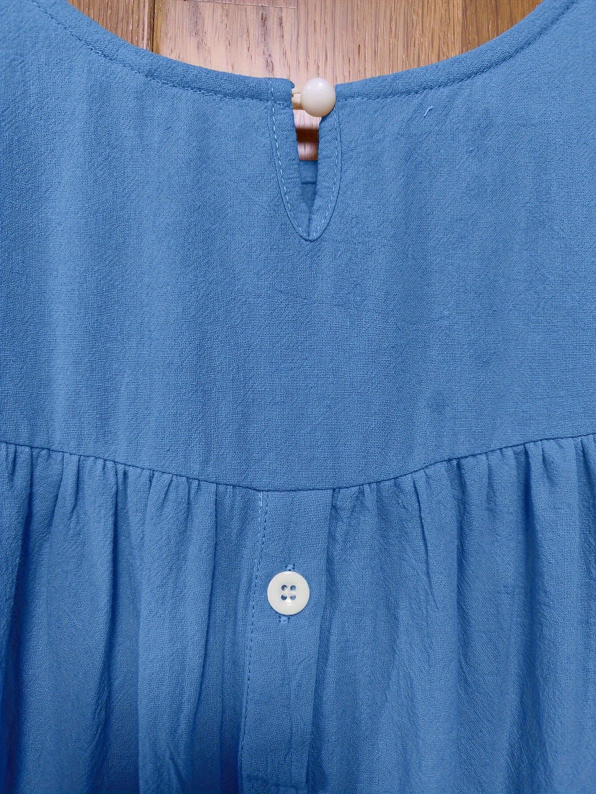 Solid Button Back Ruffled Trim Blouse, Casual Short Sleeve Blouse