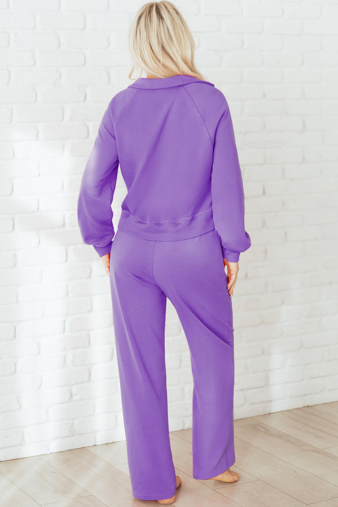 Wisteria Solid Color Collared Pullover and Central Seam Pants Set