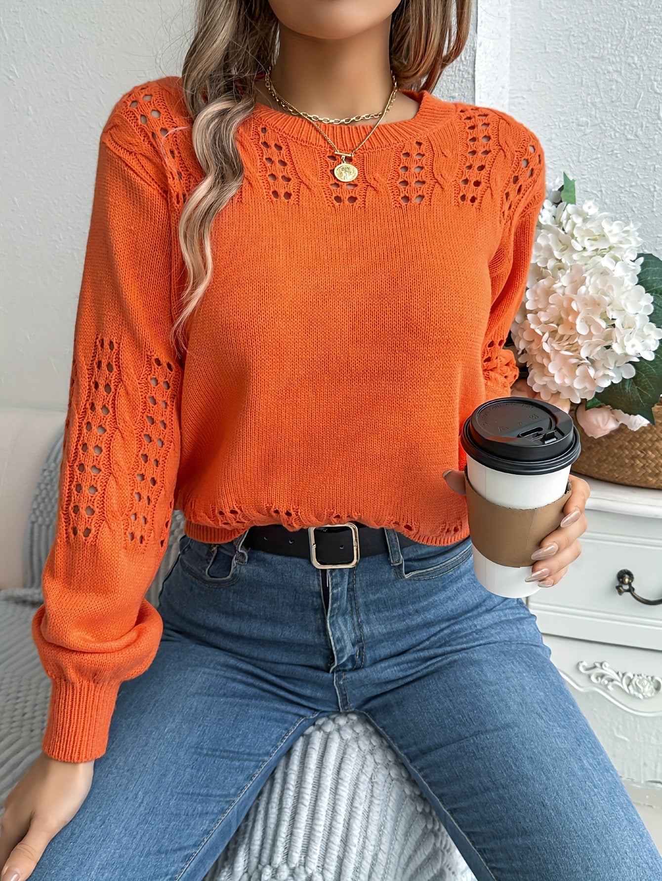 Pointelle Knit Solid Pullover Sweater, Casual Vacation Style Long Sleeve Crew Neck Sweater