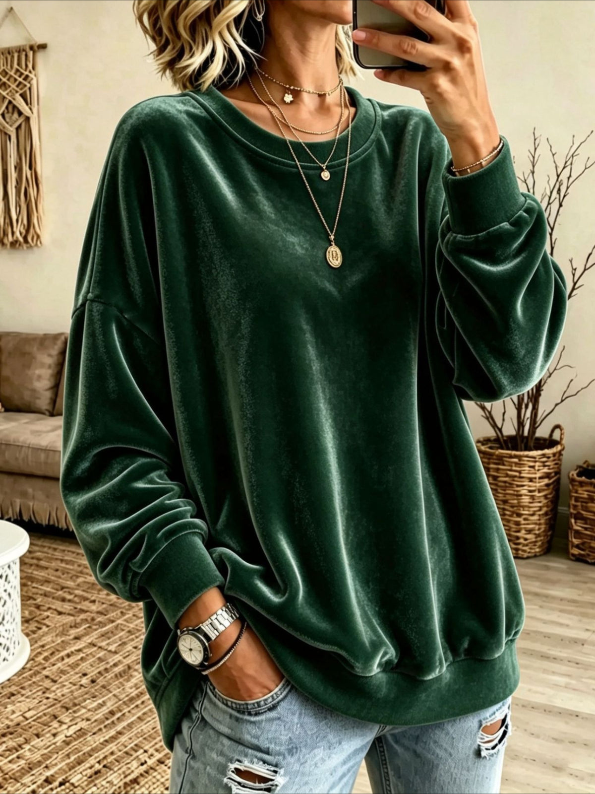 Crew Neck Drop Shoulder Velvet Sweatshirt