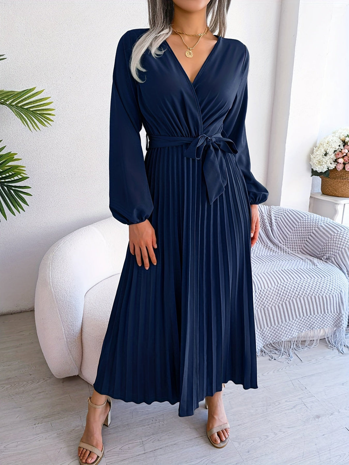 Pleated Surplice Neck Dress, Elegant Long Sleeve Solid Dress, Women's Clothing