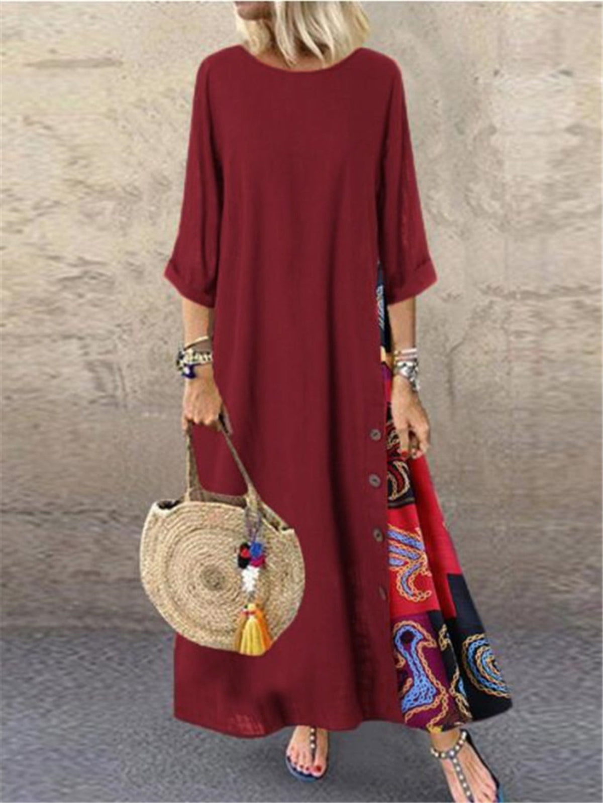 Tribal Print Crew Neck Panel Dress, Casual Long Sleeve Loose Maxi Dress