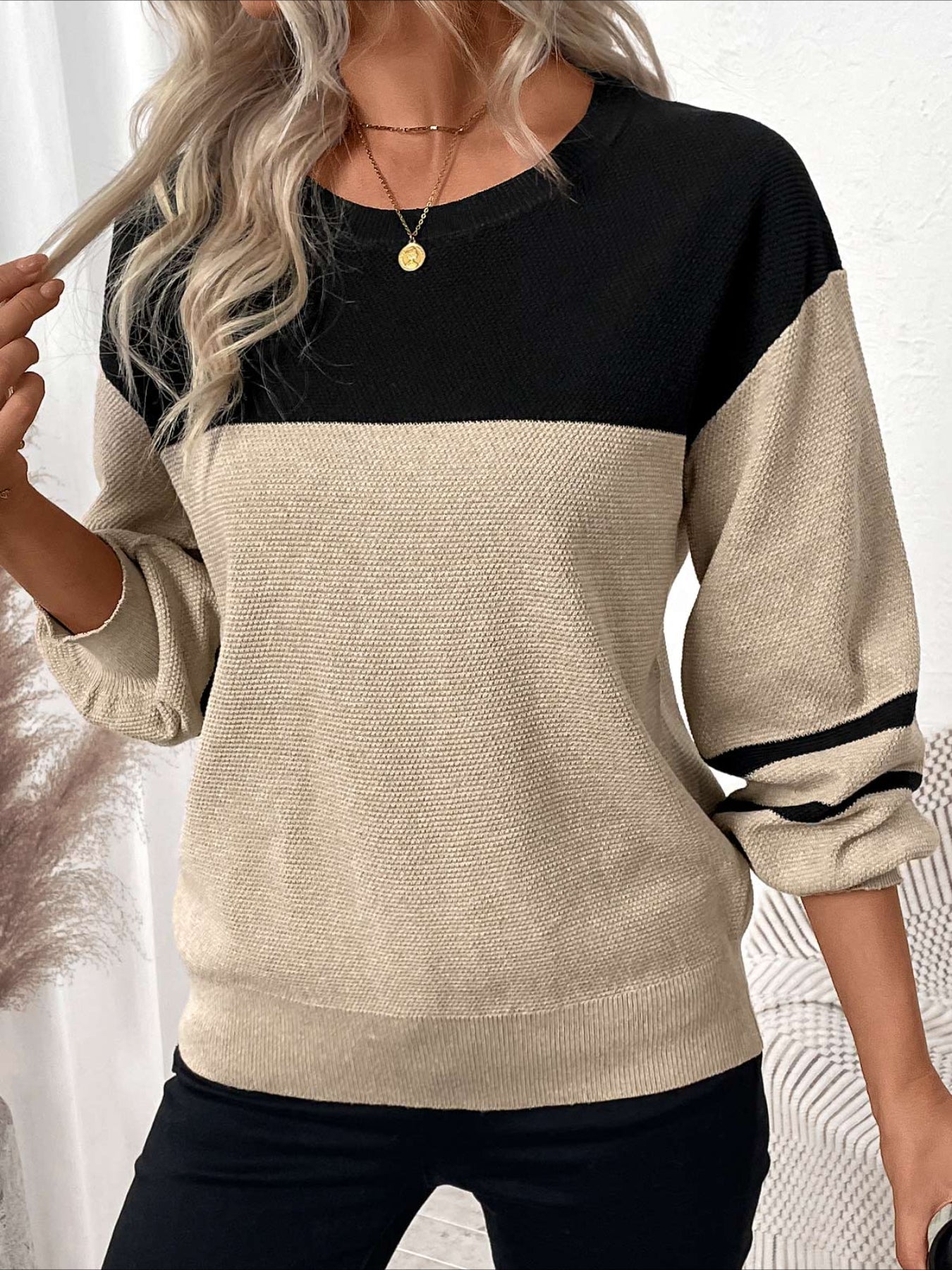 Patchwork Striped Long Sleeve Round Neck Sweater