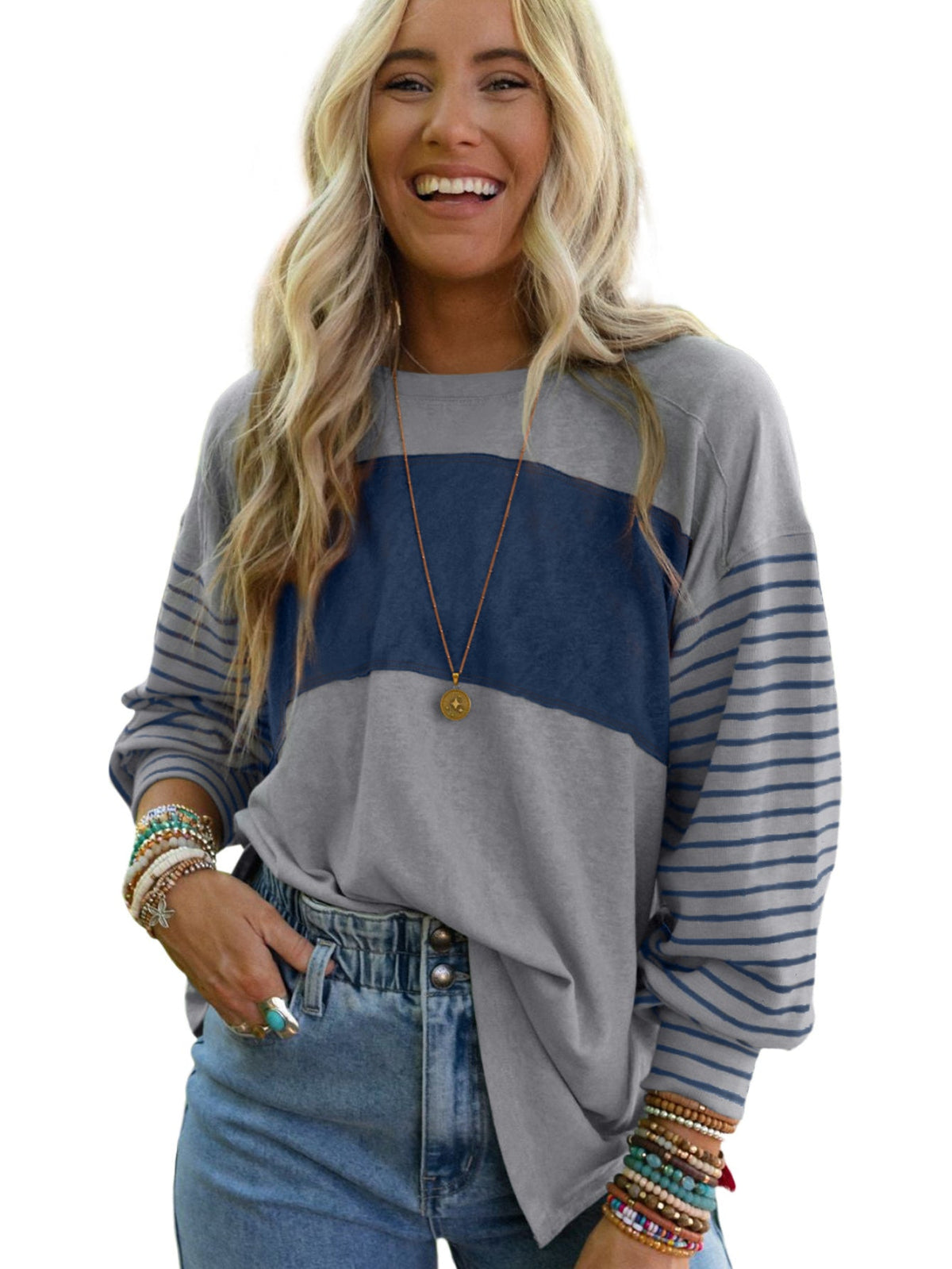 Color Block Crew Neck T-Shirt, Casual Long Sleeve T-Shirt