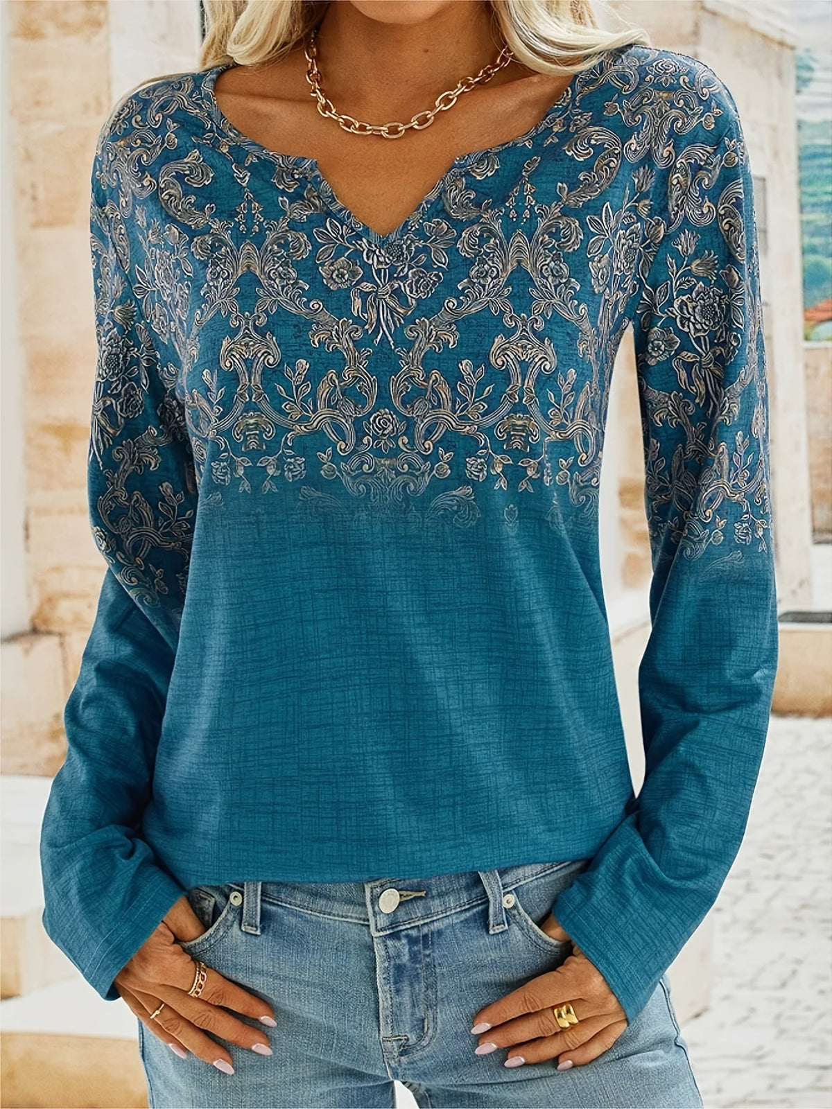 Women's Floral Print Long Sleeve V-Neck Tops, Casual Fall Winter Blouses