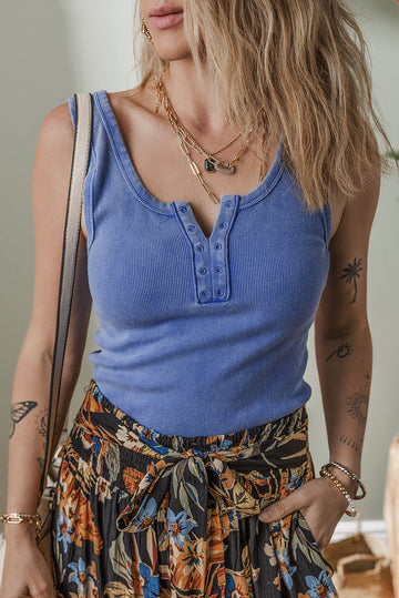 Sky Blue Mineral Wash Ribbed Notch Neck Tank Top