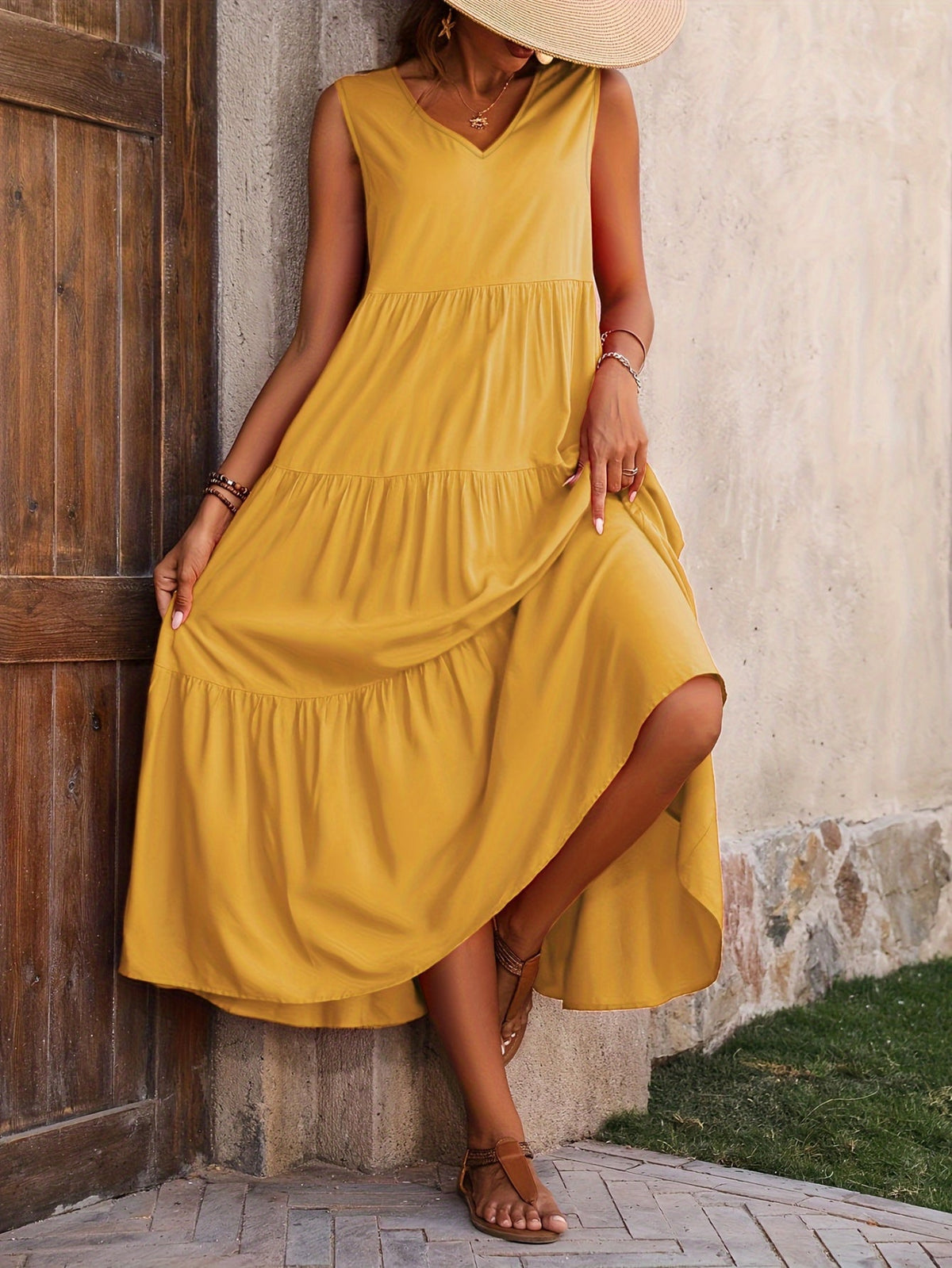 Loose V Neck Ruffle Hem Dress, Casual Sleeveless Dress