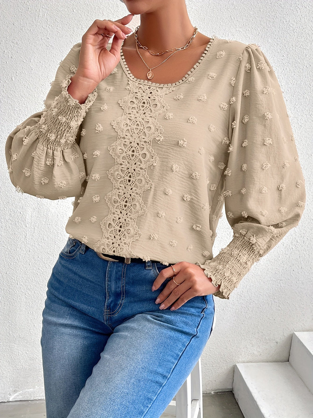 Swiss Dot Crew Neck Blouse, Elegant Long Sleeve Top