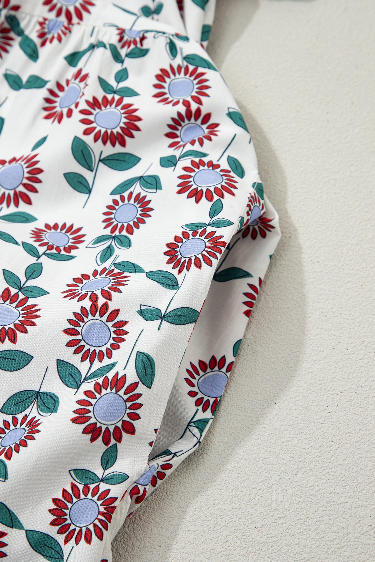 Red Cute Sunflower Printed Striped Patchwork Trim Flutter Sleeve Long Dress
