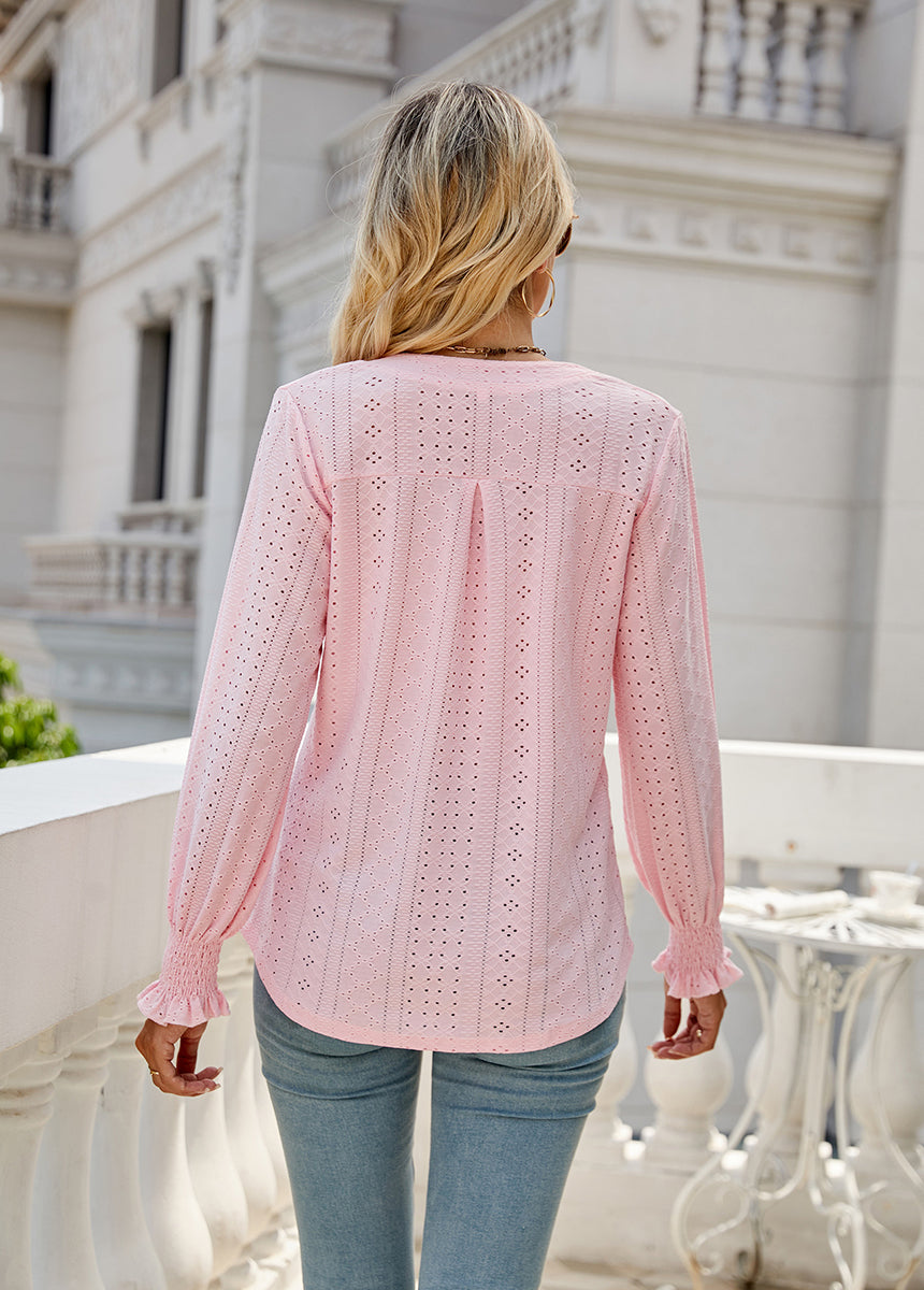 Solid Color Hollow Pleated Ruffle Sleeve V-Neck Loose Long Sleeve Top