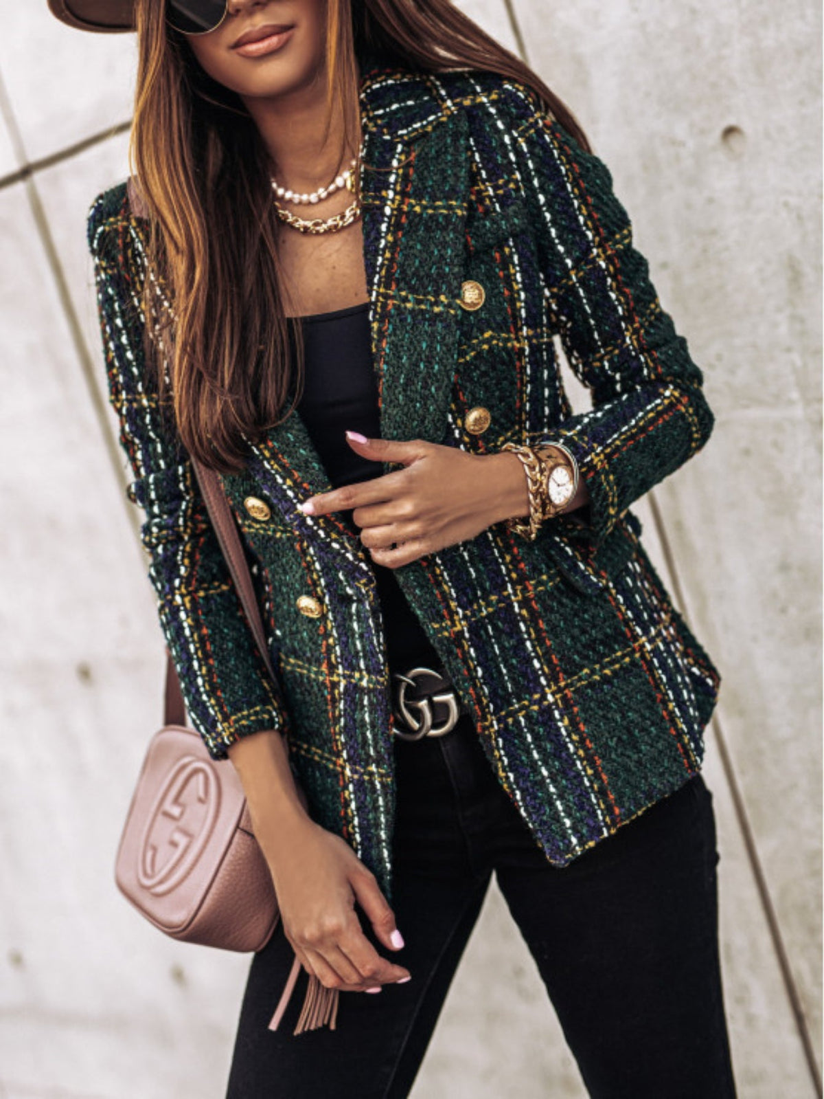 Double-breasted Notched Lapel Blazer, Elegant Plaid Tweed Long Sleeve Blazer For Office & Work