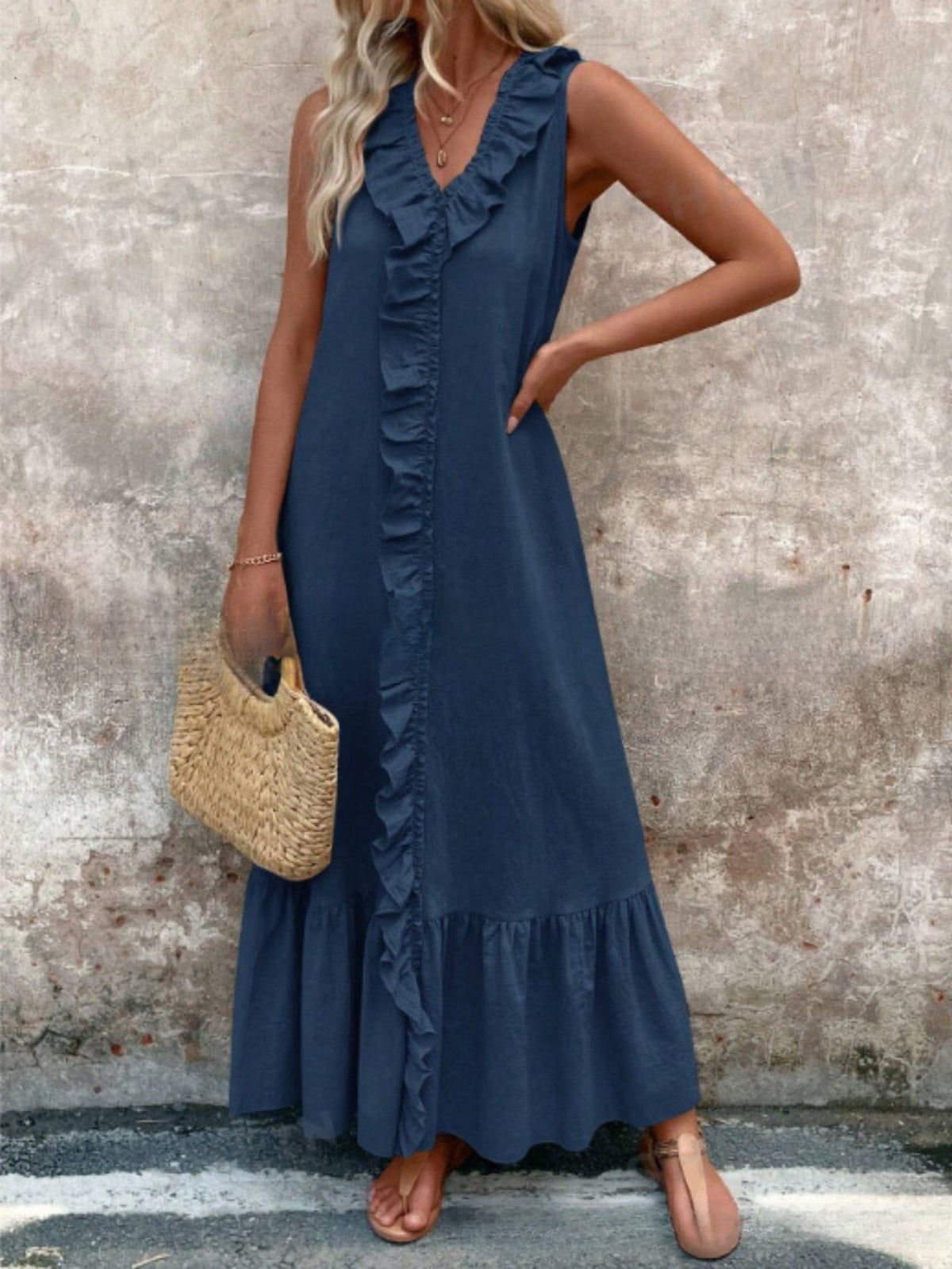 Sleeveless V-Neck Women's Elegant Green Ruffle Hem Midi Dress