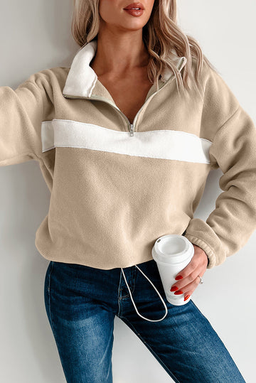Parchment Fleece Colorblock Patchwork Zipped Neck Pullover Sweatshirt