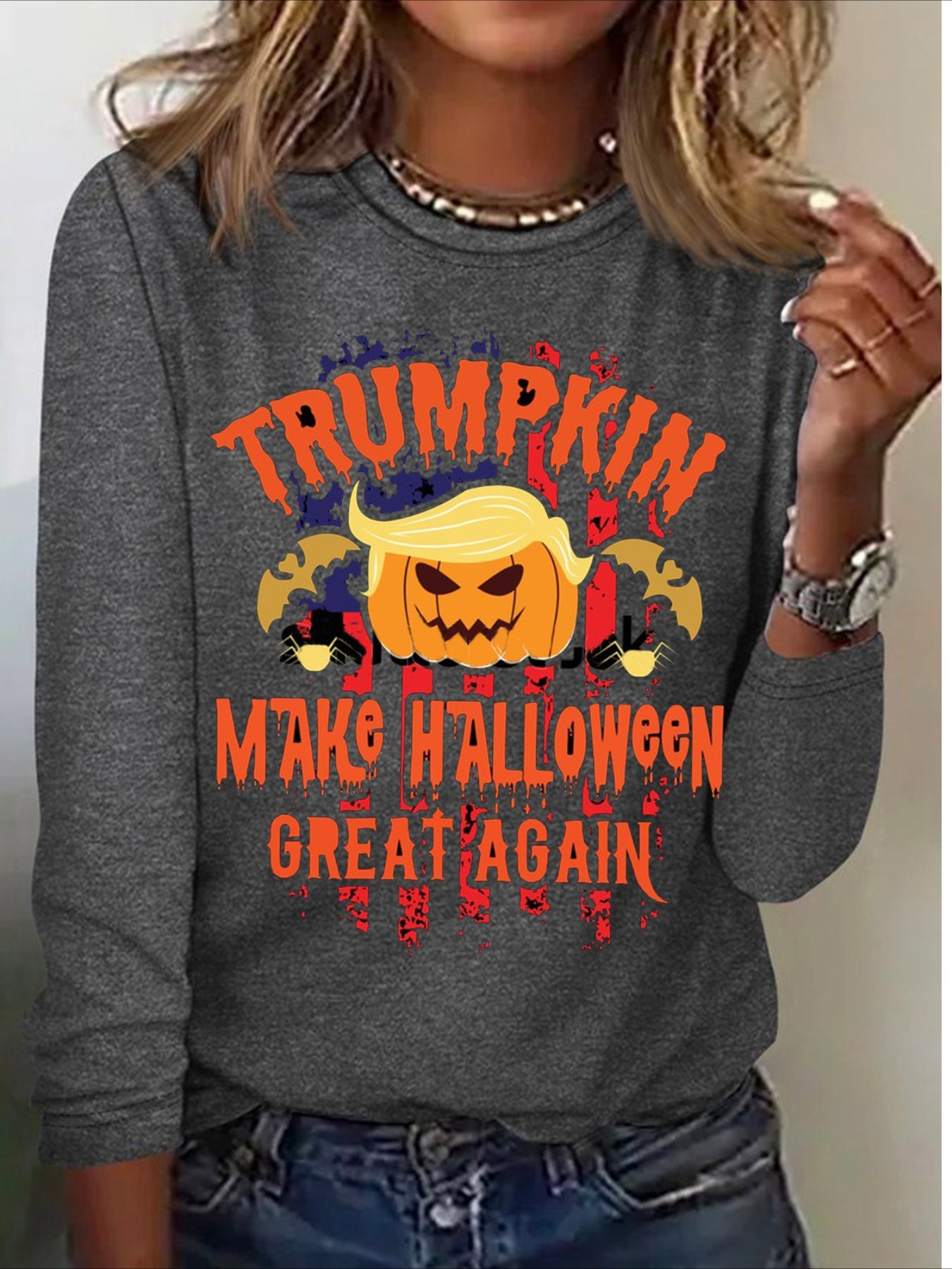 Halloween Print Long Sleeve Crew Neck Regular Fit Top