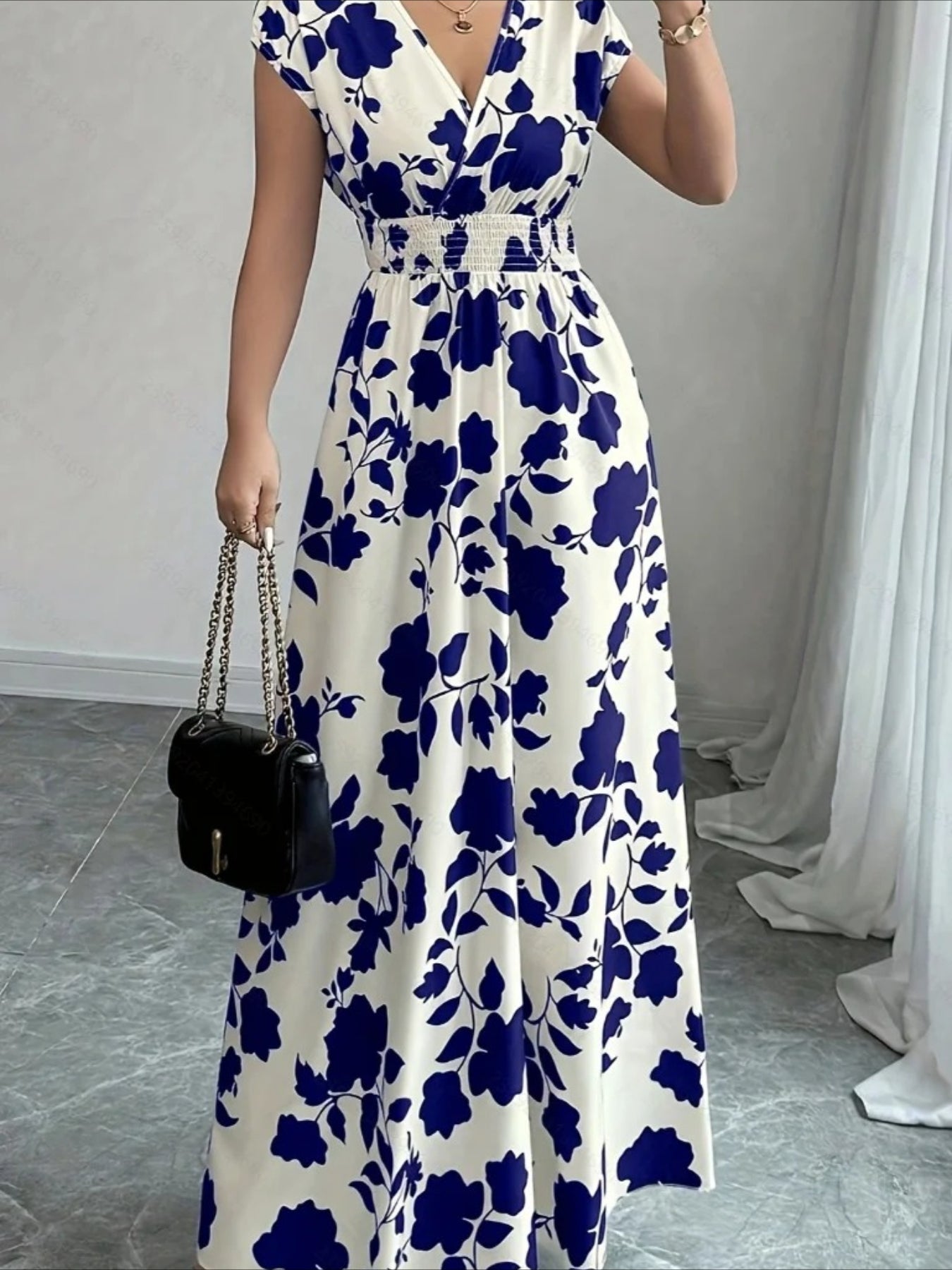 Floral Summer V Neck Short Sleeve A-Line Dress