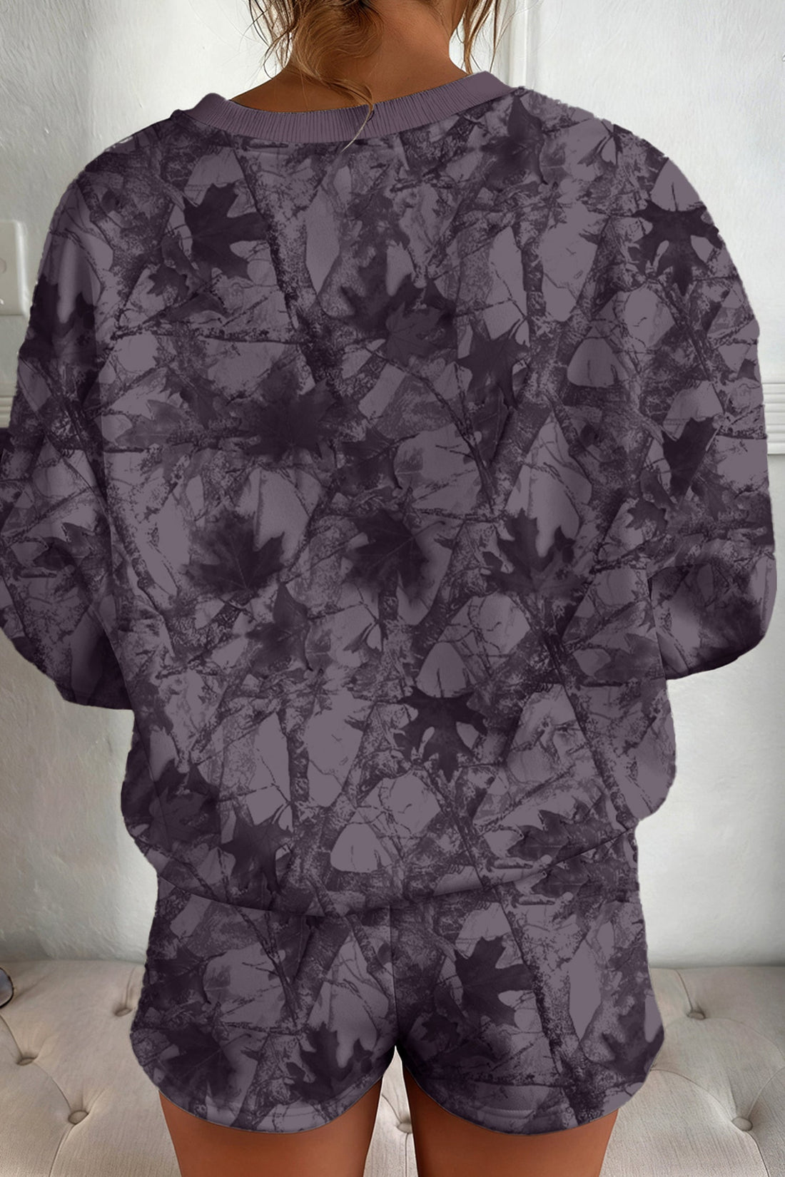 Brown Abstract Woodland Camo Print Baggy Pullover Drawstring Shorts Set