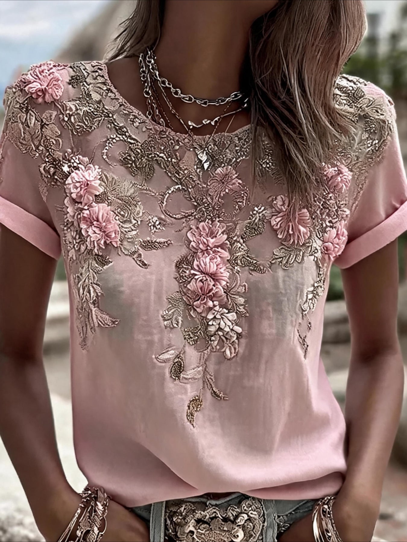 Floral Print Short Sleeve Crew Neck Top with Patchwork Blouse Style