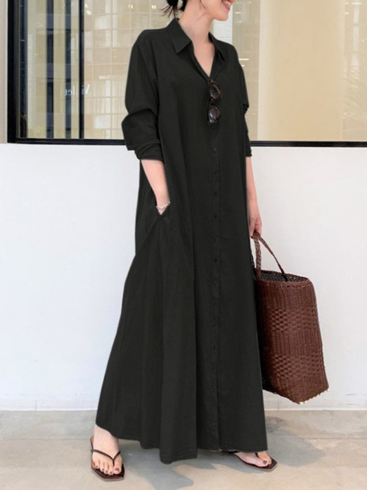 Solid Color Single Breasted Simple Dress, Elegant Long Sleeve Maxi Loose Dress