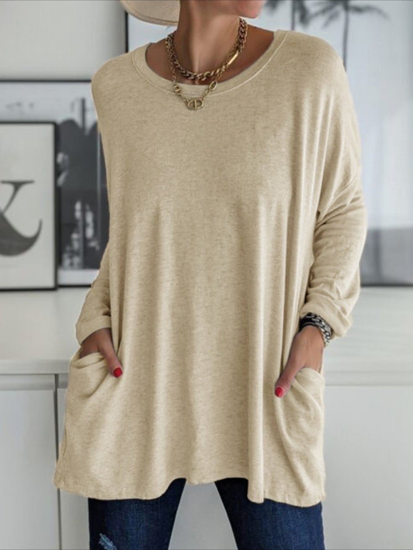 Solid Color Pocket Long Sleeve Crew Neck Top