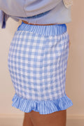 Sky Blue Gingham Print Ruffle Striped Detail Lace Tie Shorts