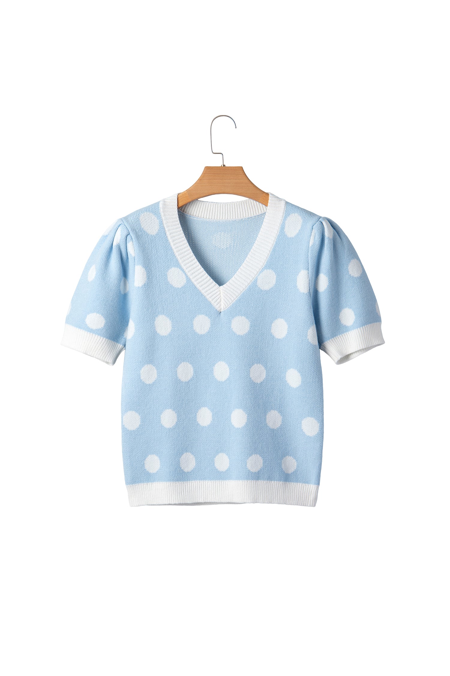 Light Blue Polka Dot Puff Short Sleeve Sweater Top