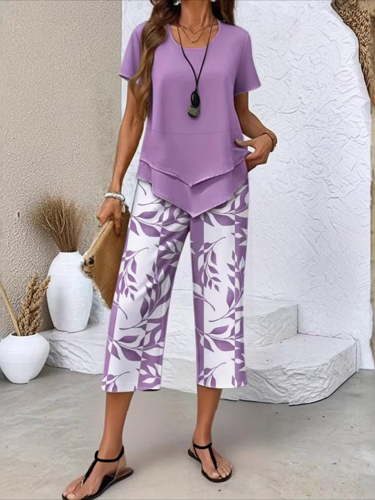 Solid Round Neck Short Sleeve Top With Floral Printing Pants Casual Two-Piece Set