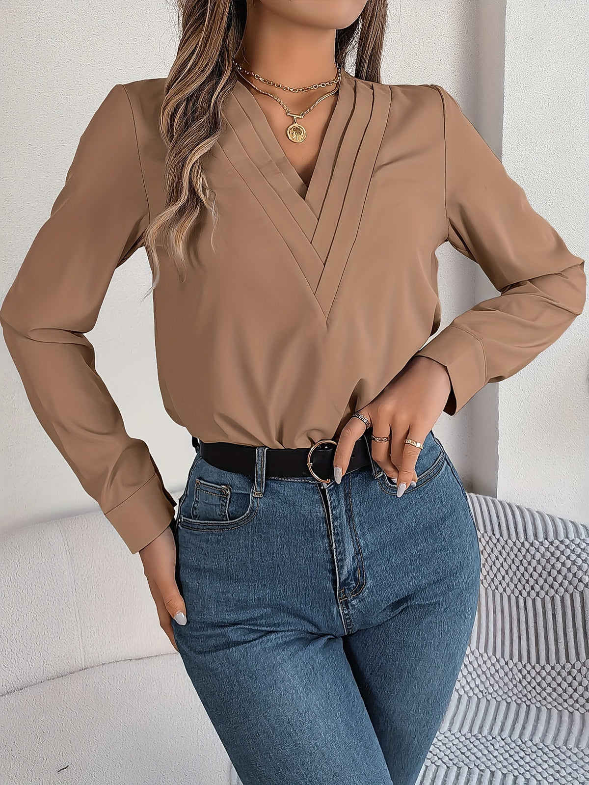 Solid Color V Neck Blouse, Elegant Long Sleeve Blouse