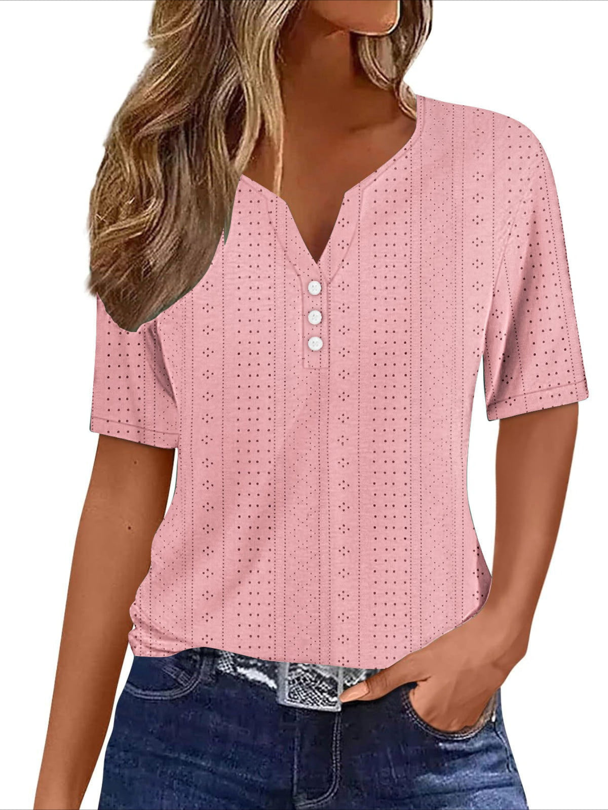 Eyelet Embroidered Button Front T-shirt, Casual V Neck Short Sleeve Top