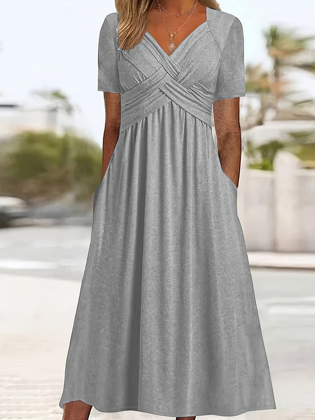 Solid V Neck Dress, Casual Criss Cross Short Sleeve Dress