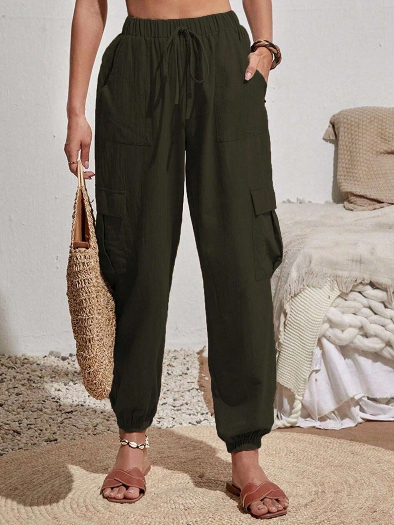Solid Drawstring Pants, Casual Slant Pockets Cargo Pants