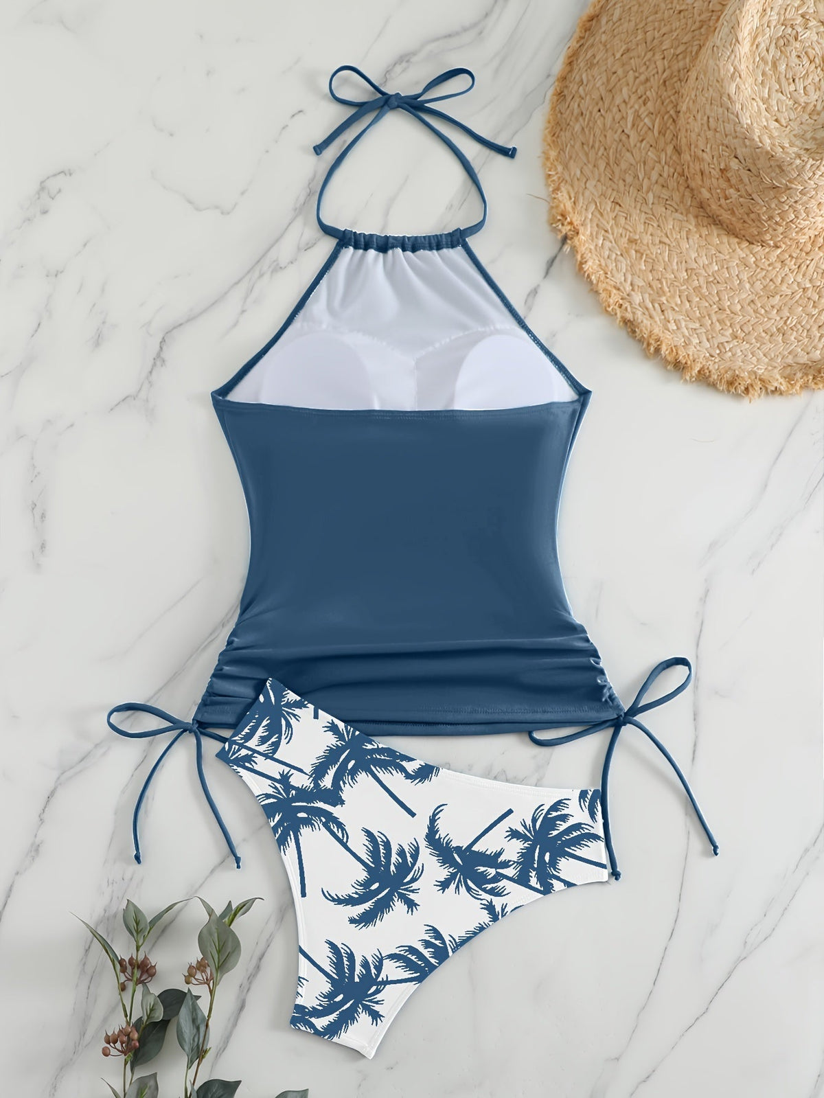 Coconut Tree Sunset Pattern Drawstring 2 Piece Set Swimsuit, Halter Tie Neck Backless Stretchy Low Waist Bathing Suit