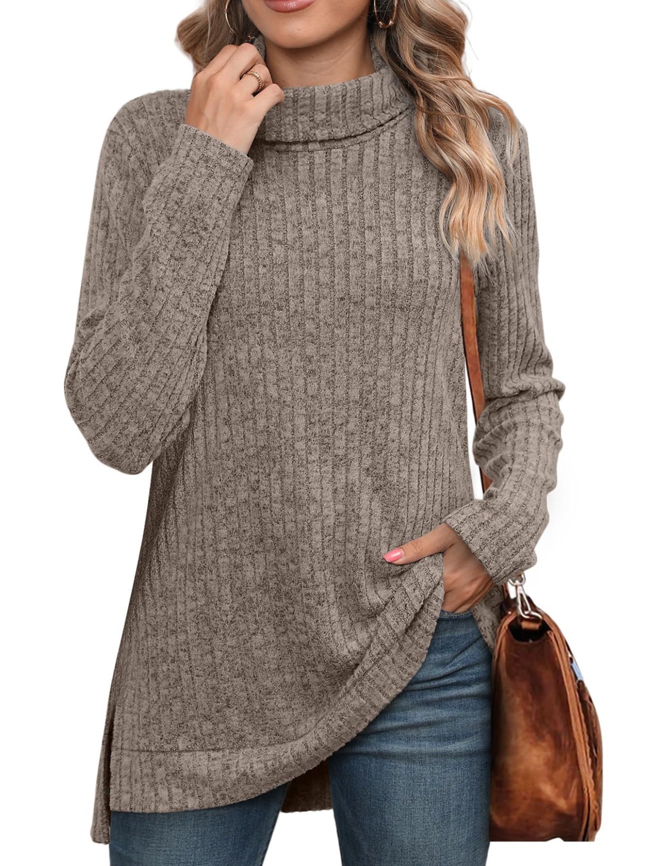 Ribbed Crew Neck Side Split T-Shirt, Casual Long Sleeve Top