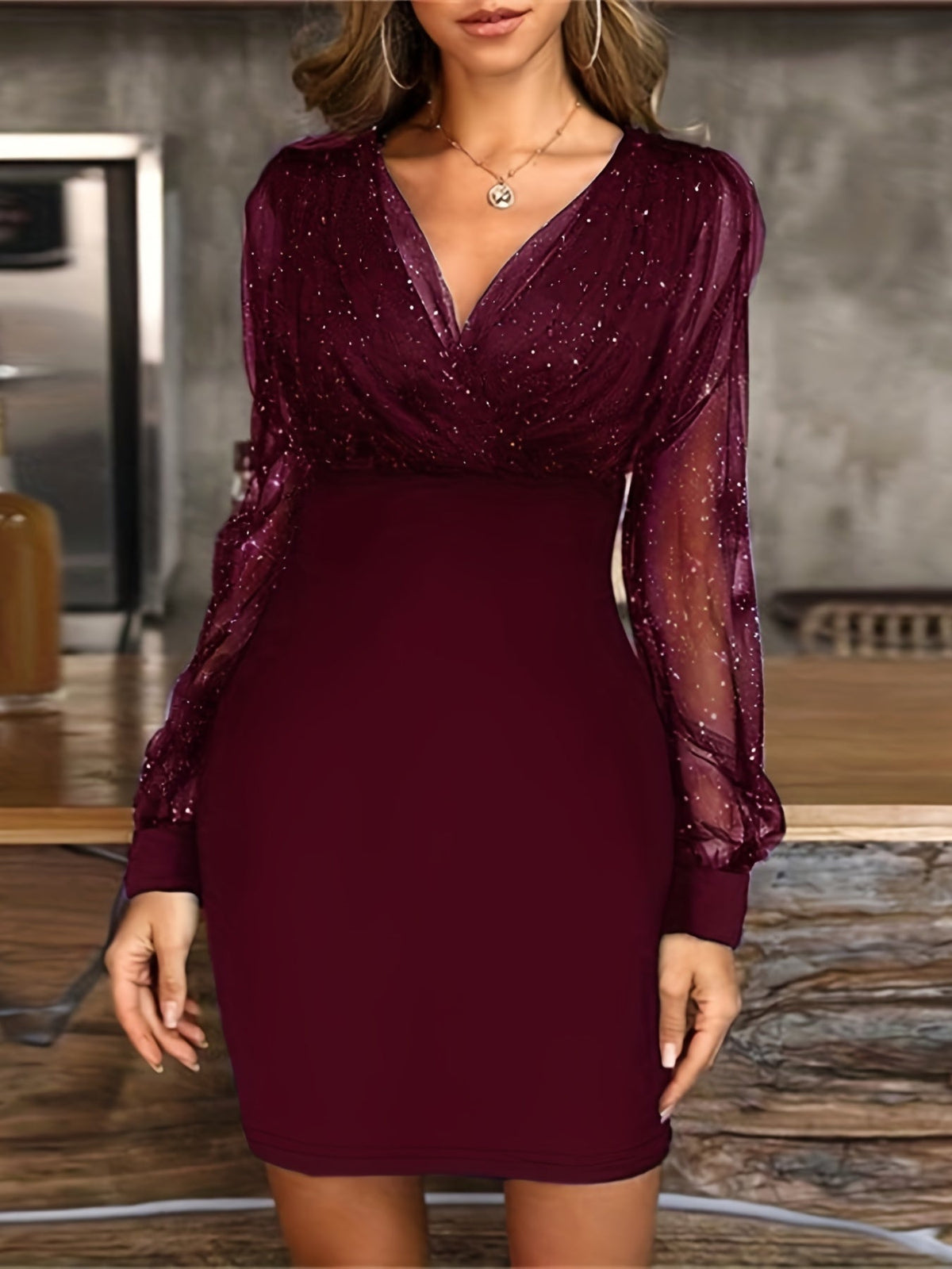 Solid Sequin Stitching Lace Long Sleeve Dress, Elegant Mesh Slim Sexy Party Dress