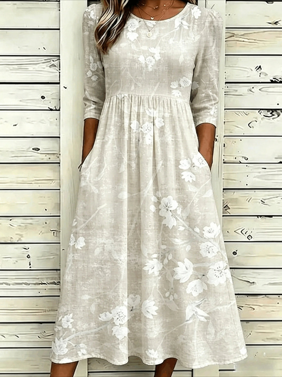Flower Casual Round Neck Half Sleeve Mid Dress