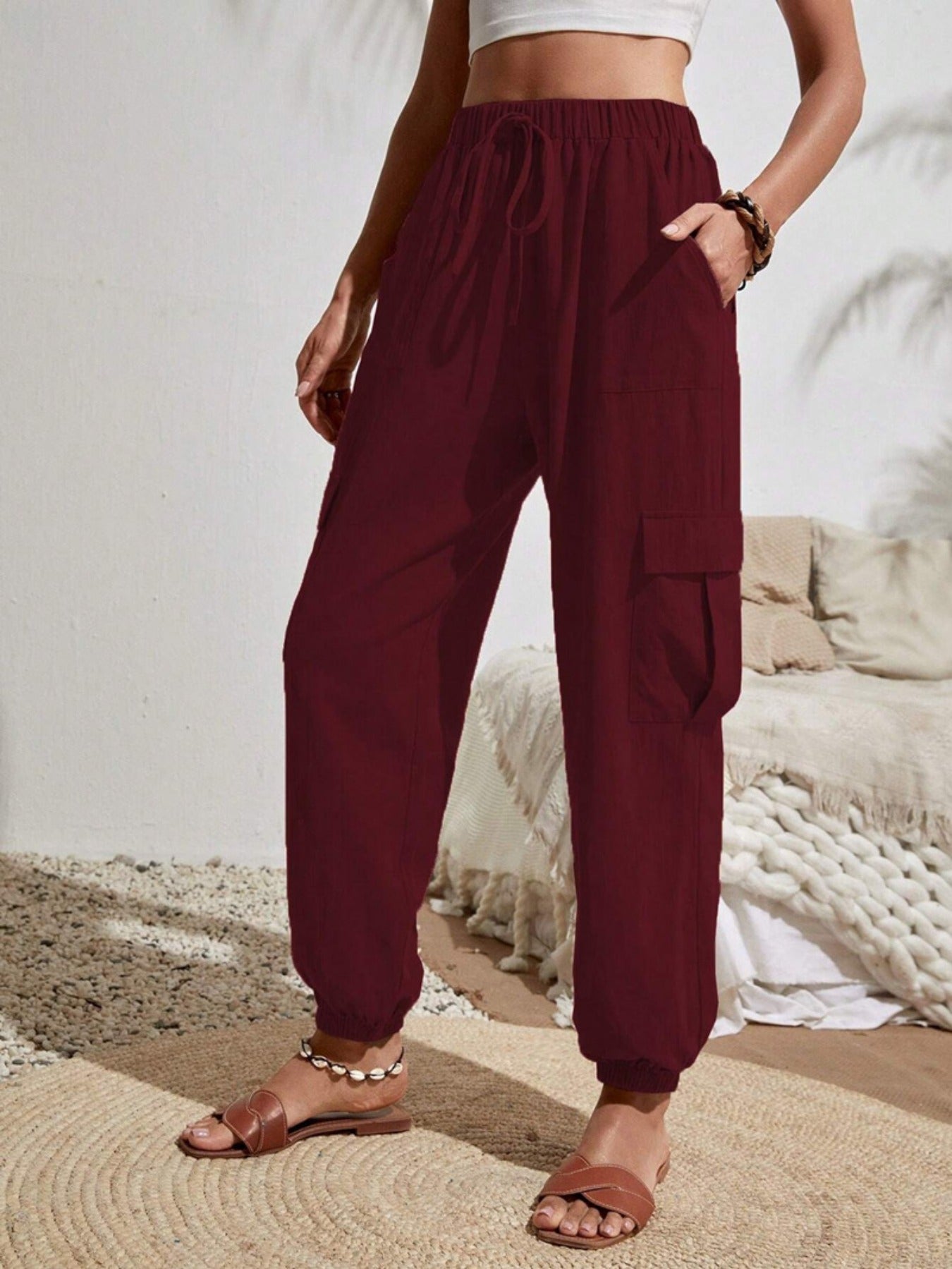 Solid Drawstring Pants, Casual Slant Pockets Cargo Pants