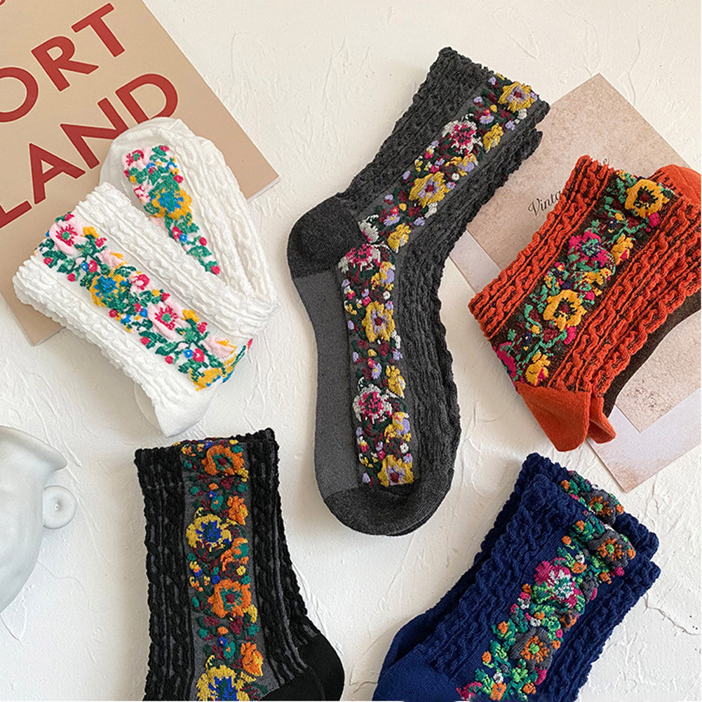 5 Pairs Women's Ethnic Embroidered Mid Socks