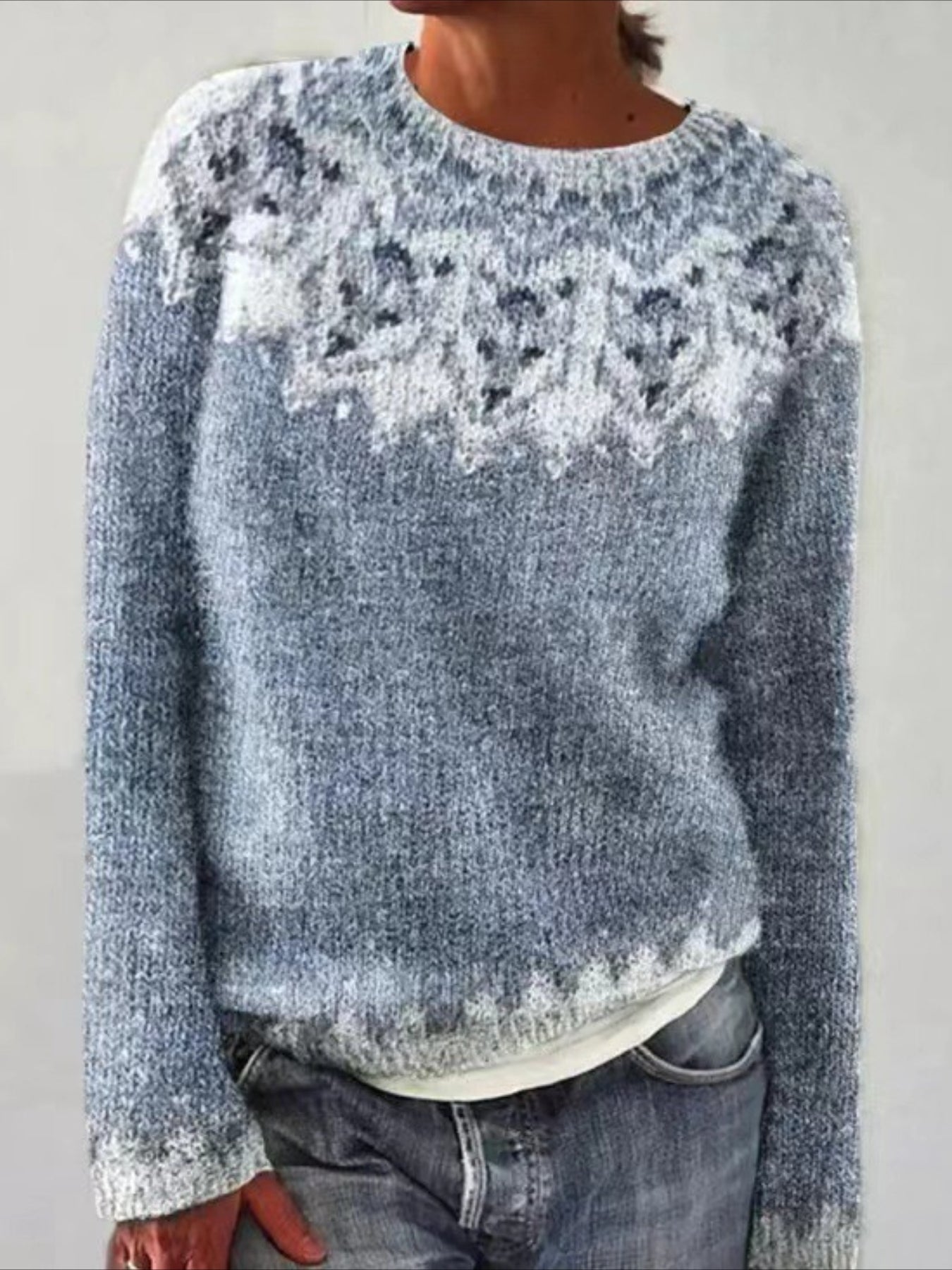 Elegant Color-Block Round Neck Long Sleeve Pullover Sweater