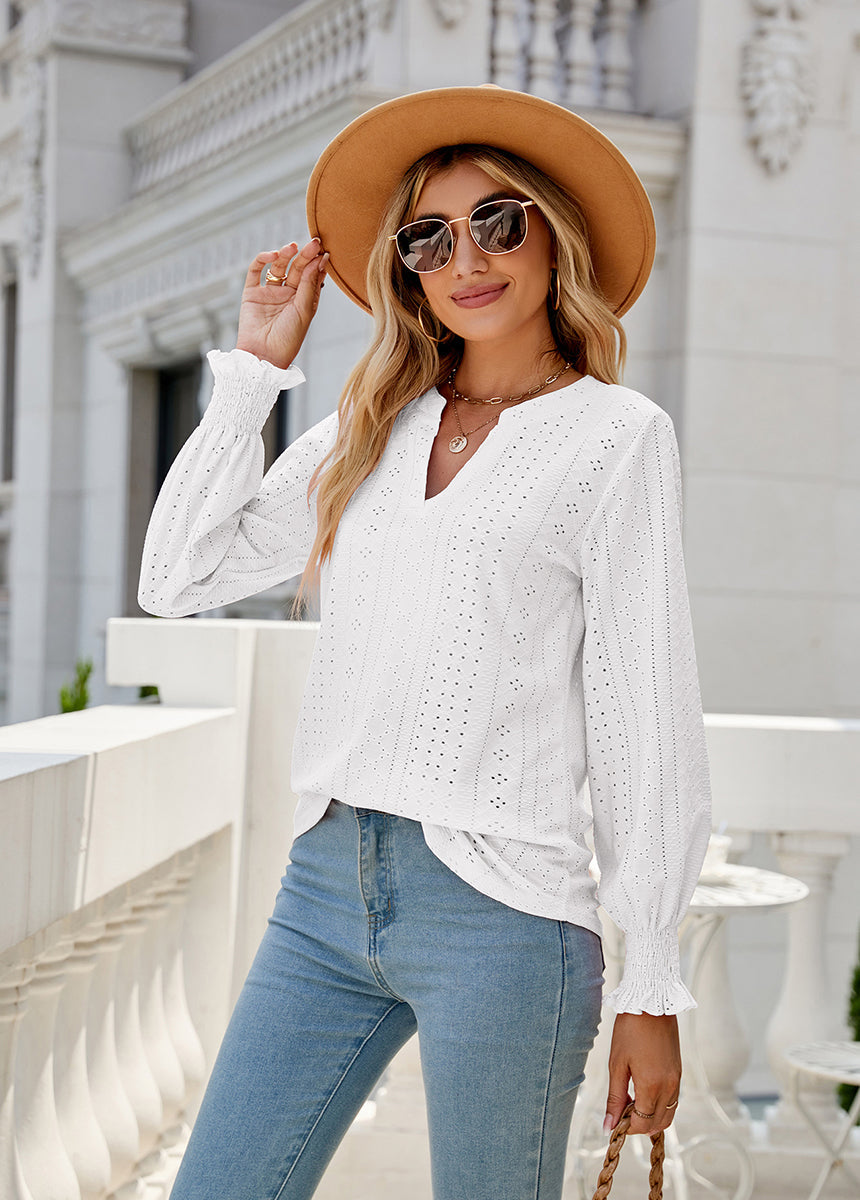 Solid Color Hollow Pleated Ruffle Sleeve V-Neck Loose Long Sleeve Top