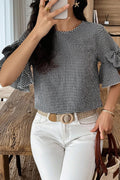 Black Plaid Bow Ruffled Half Sleeve Round Neck Blouse