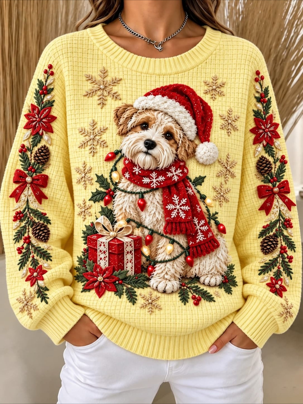 Christmas Dog Print Waffle Knit Sweatshirt