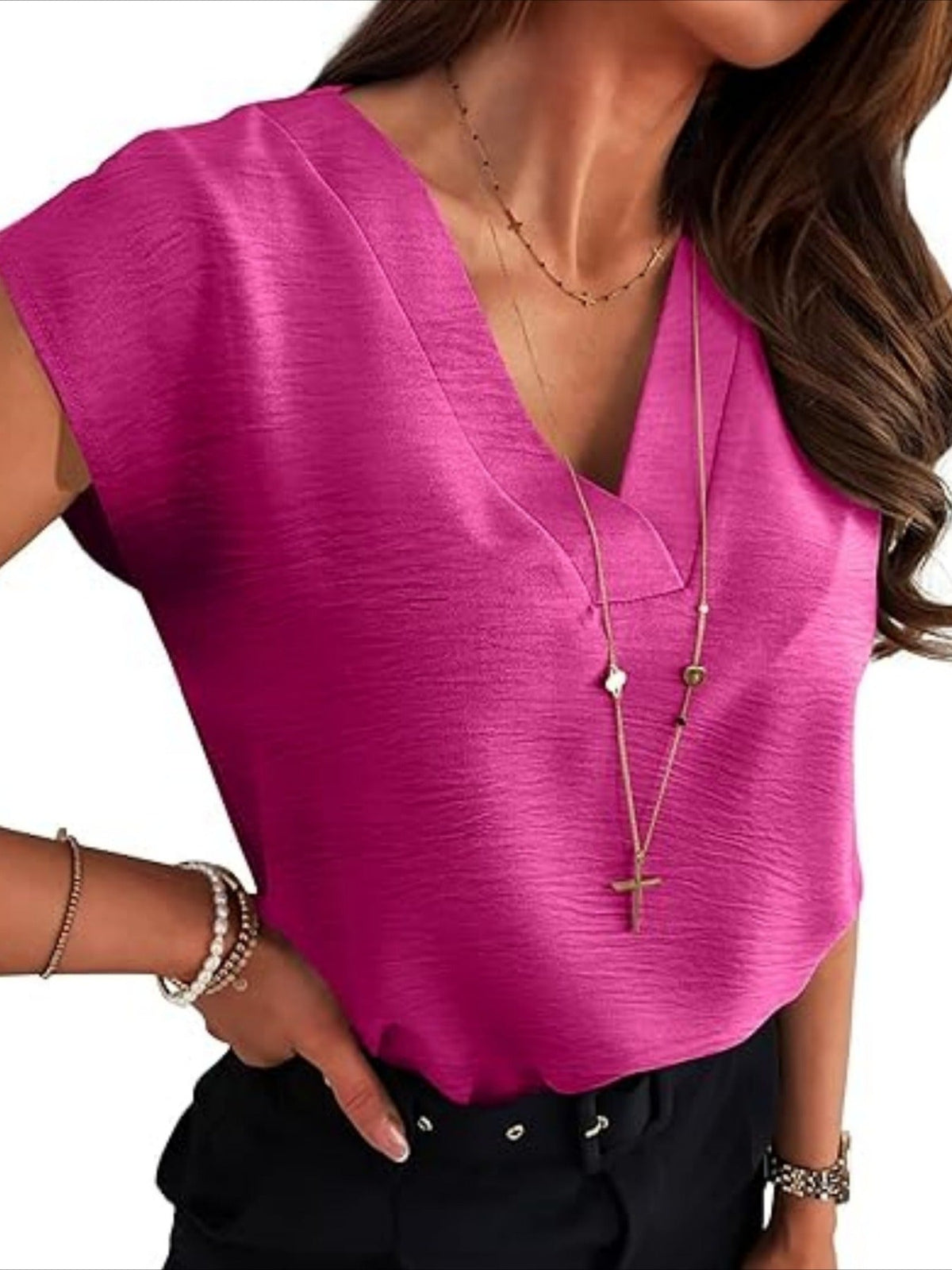 Plain V-Neck Batwing Short Sleeve Casual Loose Blouse