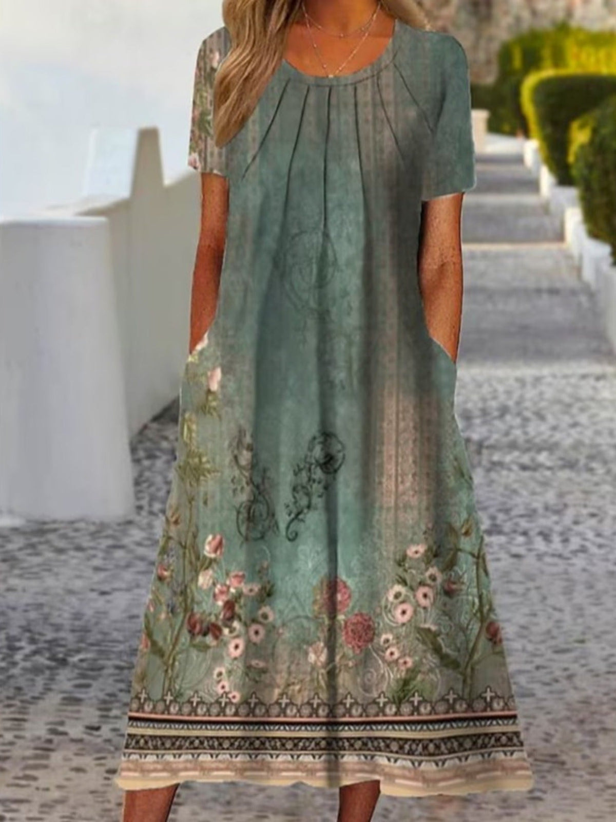 Floral Print Pintuck Dress, Vacation Style Pocket Short Sleeve Crew Neck Midi Dress