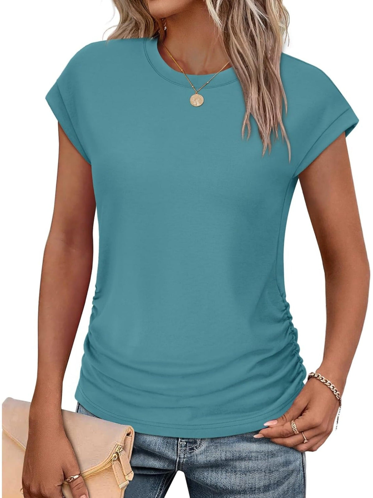 Solid Color Crew Neck Ruched Cap Short Sleeve T Shirts
